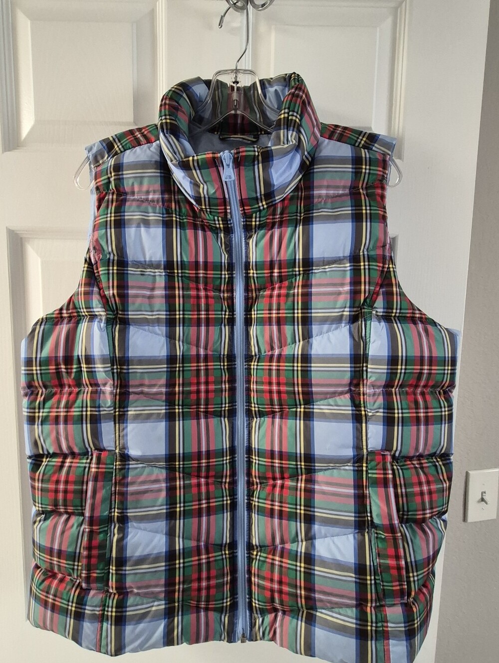 Lands End Plaid Quilted Puffer Vest - Light Blue & Multicolor Size Large 14/16